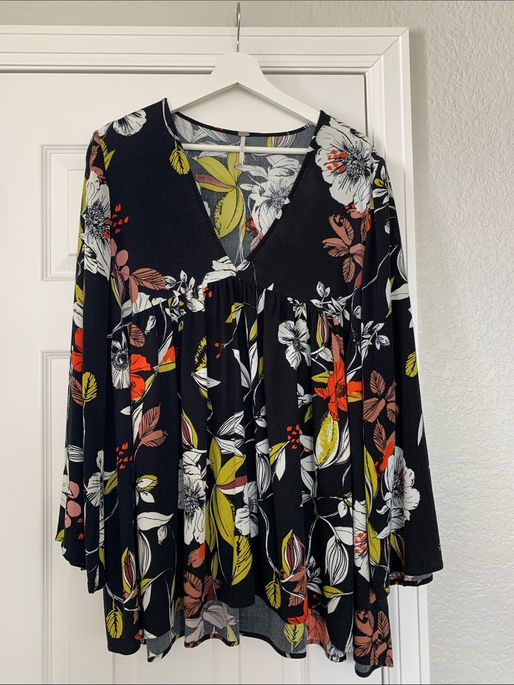 Free People Black Floral V Neck Top with Yellow Accents